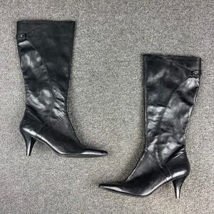 Nine West Women's Black Leather Knee High Pointed Toe Heel Boots Size 9.5M